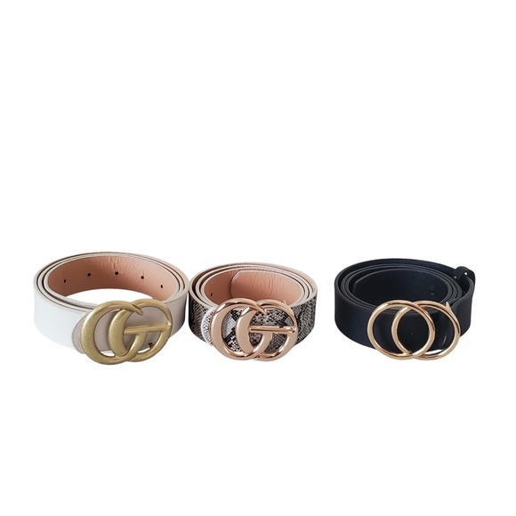 Set of 3 Women Faux Leather Belts Black White Snakeskin Gold Double Ring Buckle main image 11